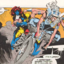 Mystique, Wolverine, and Spiral on a motorcycle war machine!